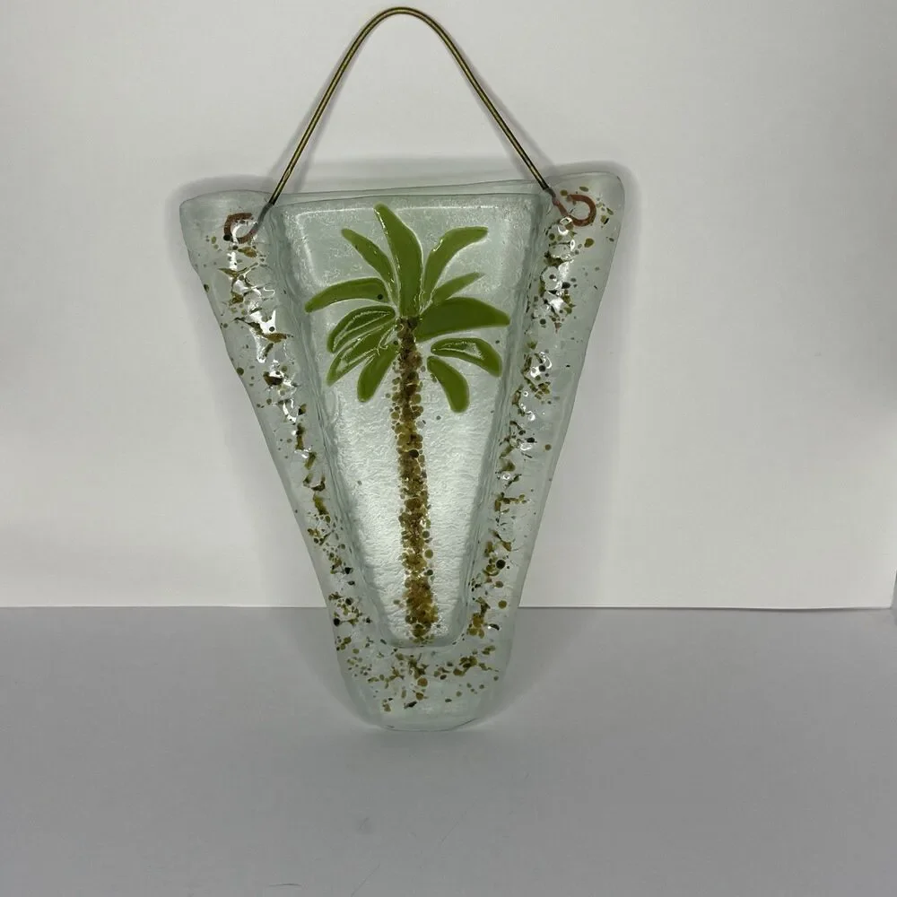 Fused Glass Hanging Wall Pocket Vase Palm tree Tropical Artsy Hawaiian‎